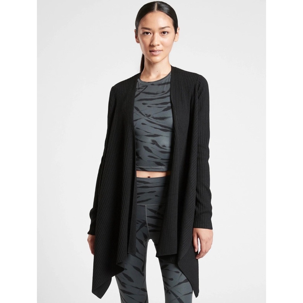 Athleta Women Cardigan Black Pranayama Ribbed Extra Fine Merino Wool Sweater S